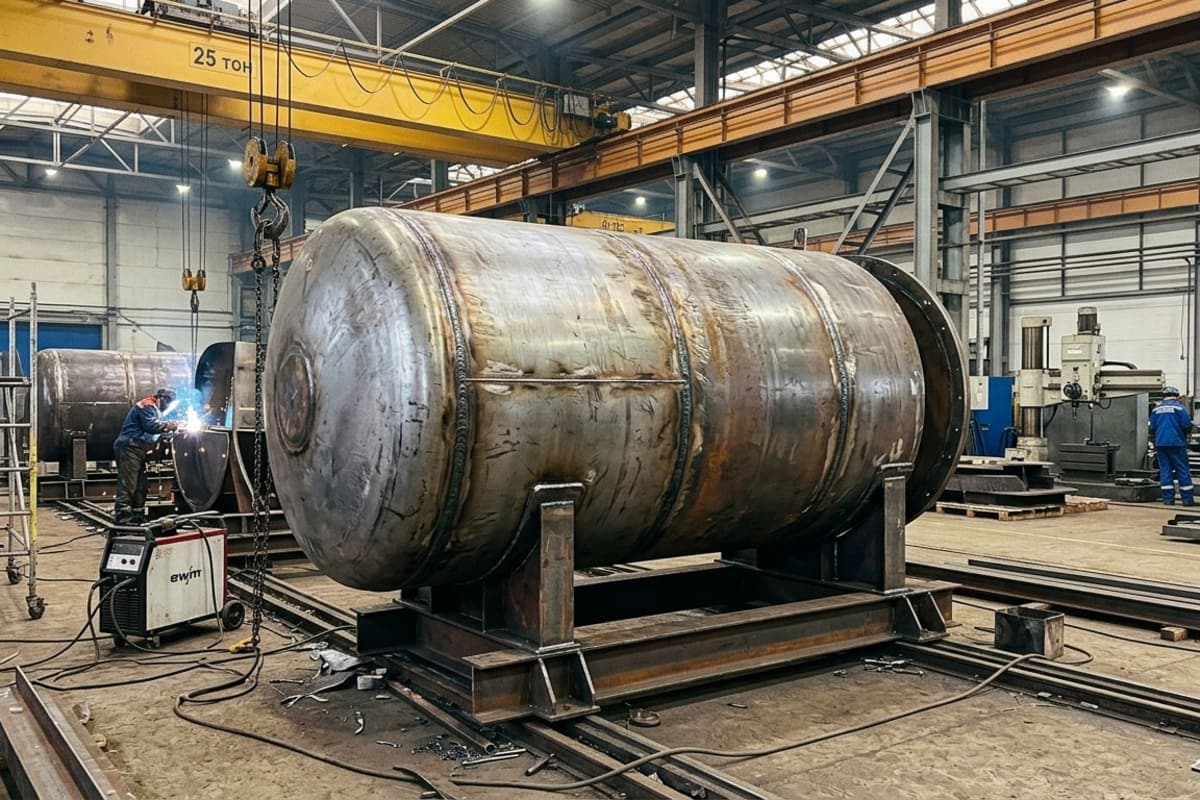 Сварной стальной цилиндрический корпус дренажной ёмкости на сборочном стенде в производственном цехе
