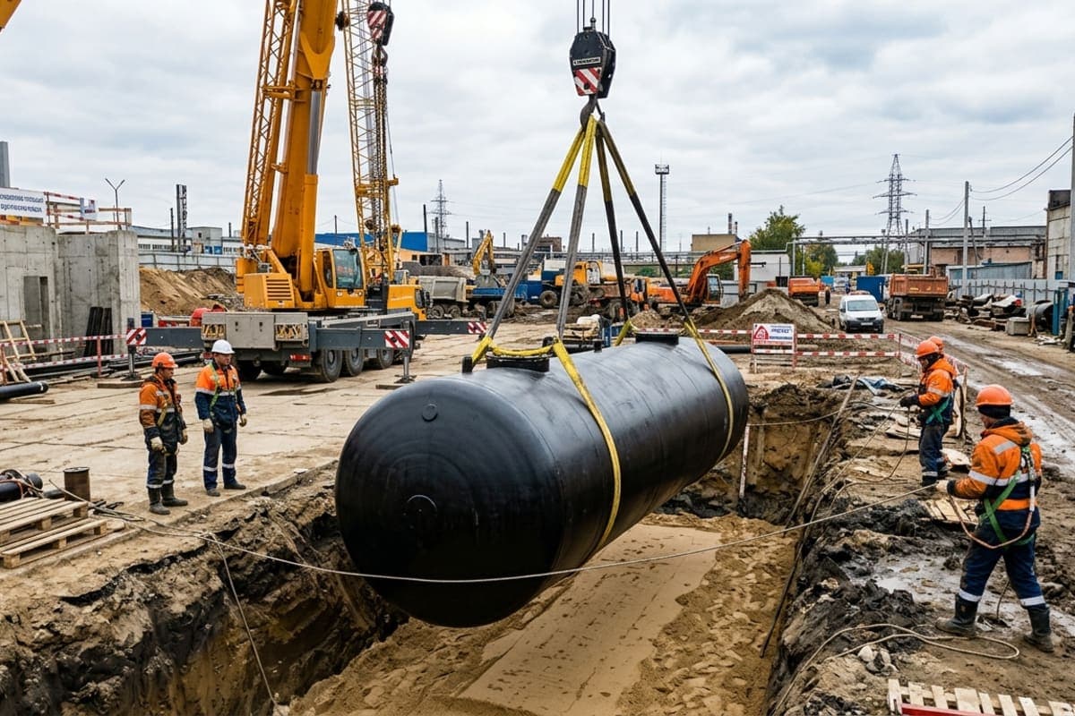 Монтаж подземного стального резервуара для нефтепродуктов в котловане