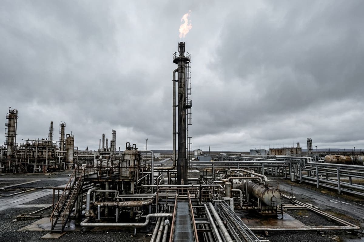 Вертикальный факельный ствол на объекте нефтегазодобычи с бездымным пламенем на оголовке