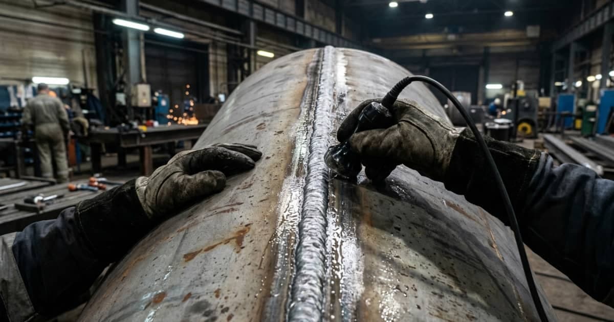 Неразрушающий контроль сварного шва сосуда под давлением на производстве.