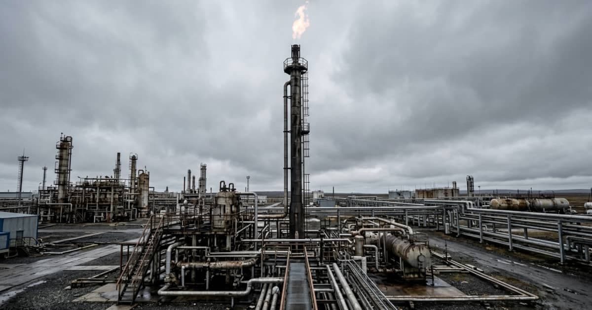 Вертикальный факельный ствол на объекте нефтегазодобычи с бездымным пламенем на оголовке.